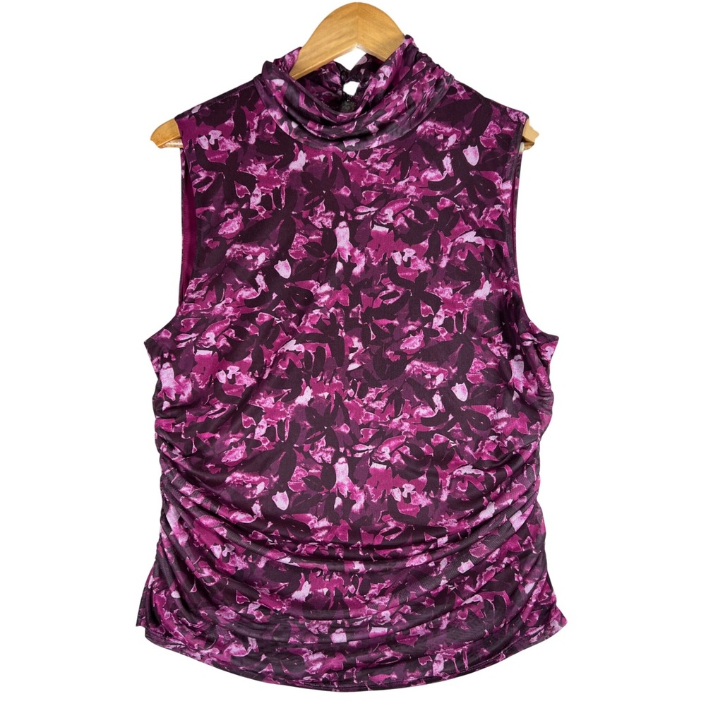 Cable & Gauge Women's XL‎ Burgundy Floral Sleeveless Mock Neck Top Ruched BOHO